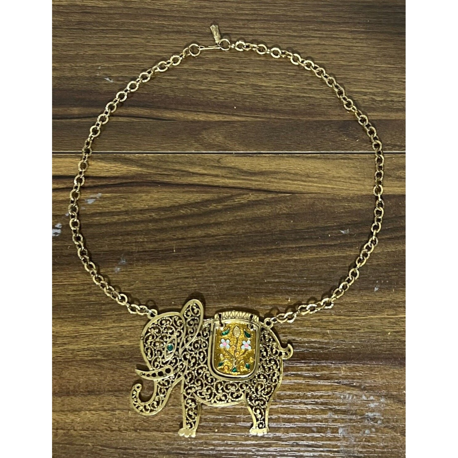 Vintage Elephant Pendant Necklace Enameled Filigree